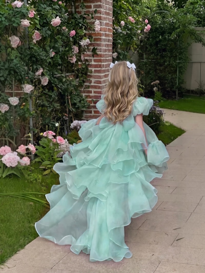 Organza Bow Short Sleeve Short Dresses - Lake Blue - 160cm - image 1