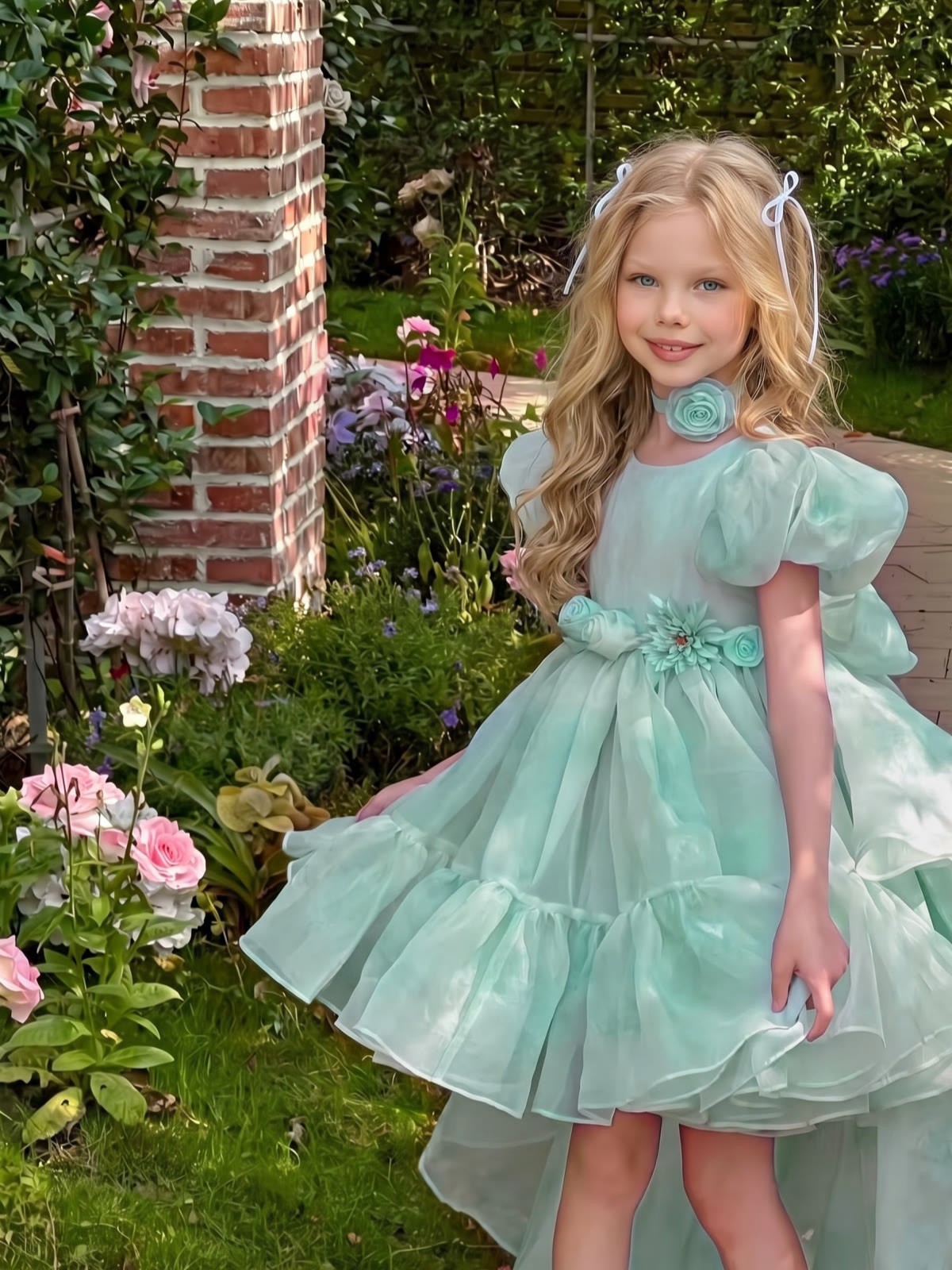 Organza Bow Short Sleeve Short Dresses - image 6