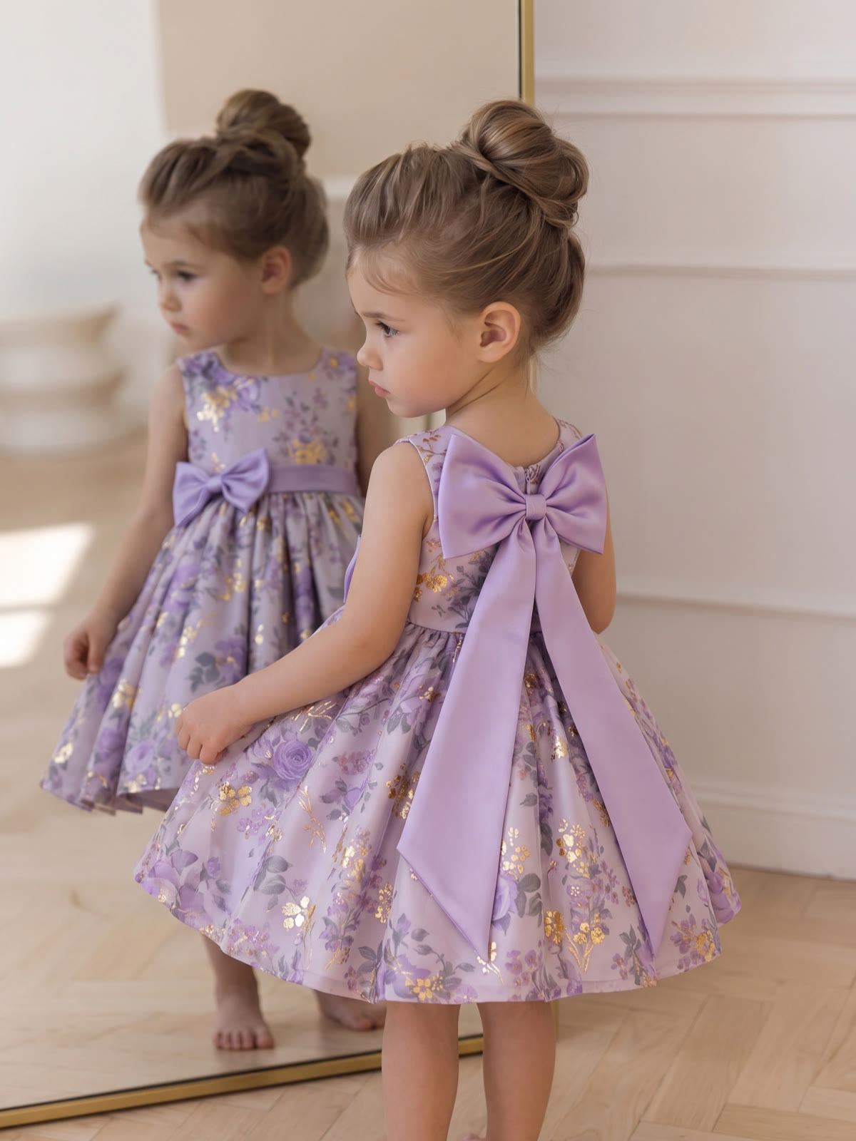 Satin Bow Sleeveless Short Dresses - Purple - 130cm - image 1