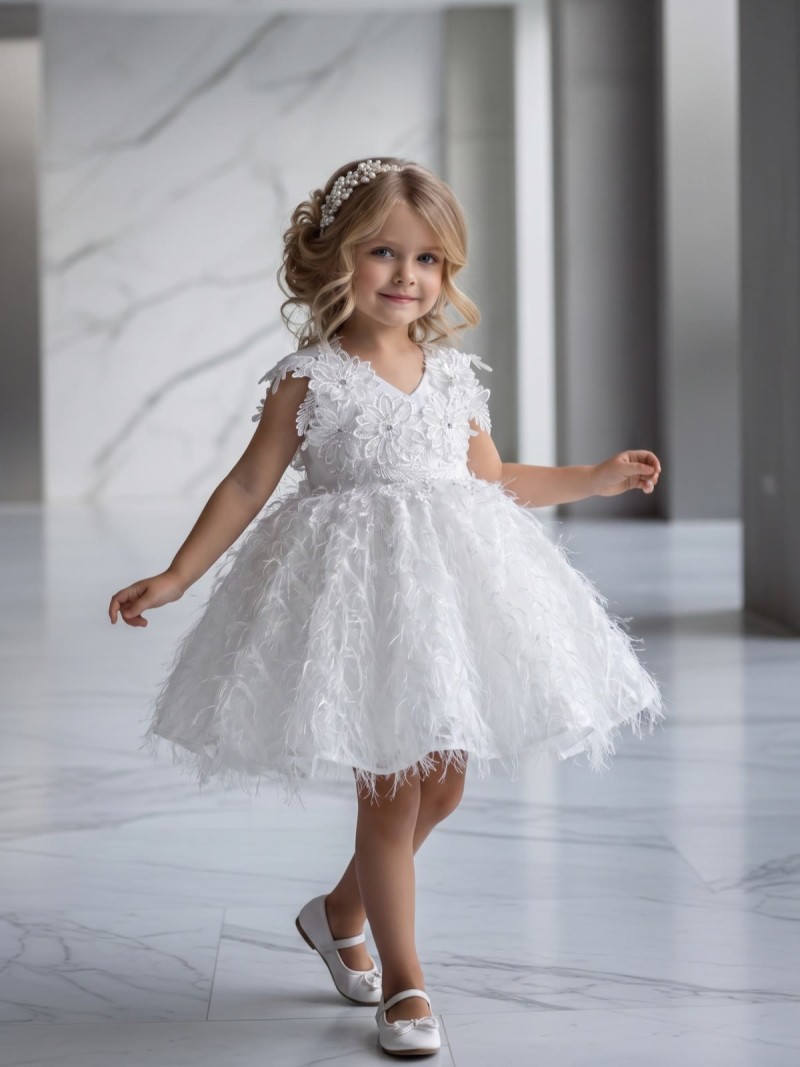 Chemical Fiber Blend Rosette Sleeveless Short Dresses - White - 160cm - image 1