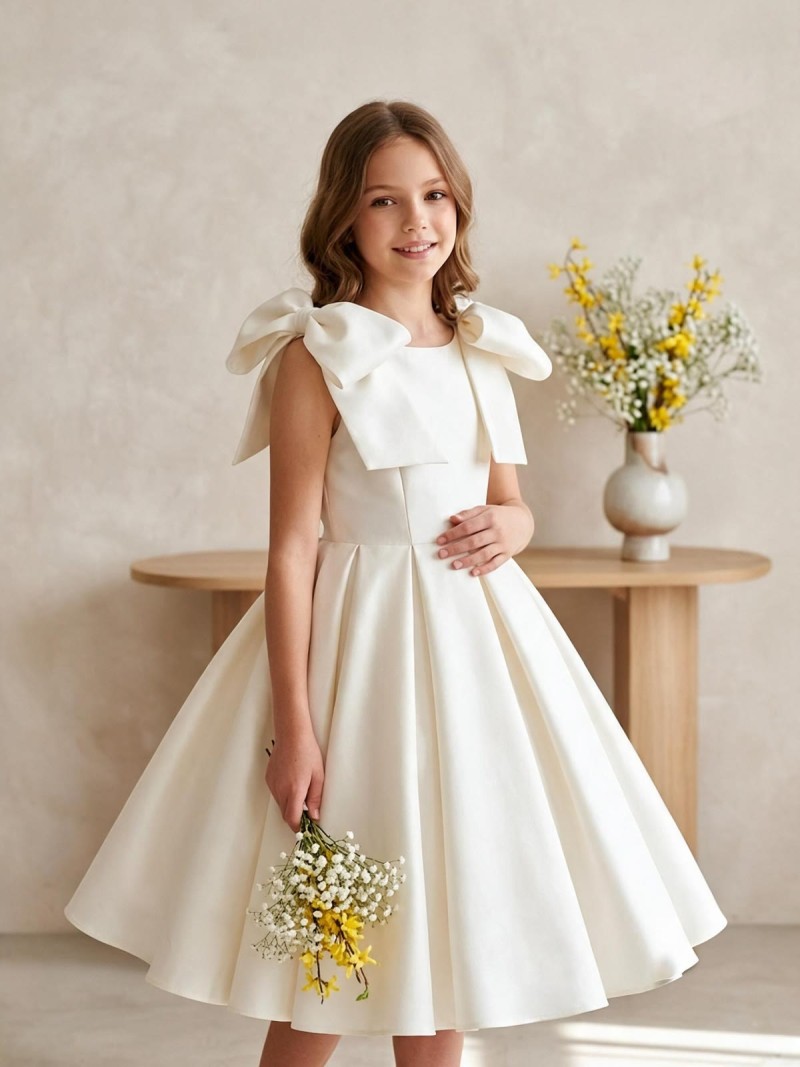Satin Bow Sleeveless  Dresses - White Round Neck - 160cm - image 1