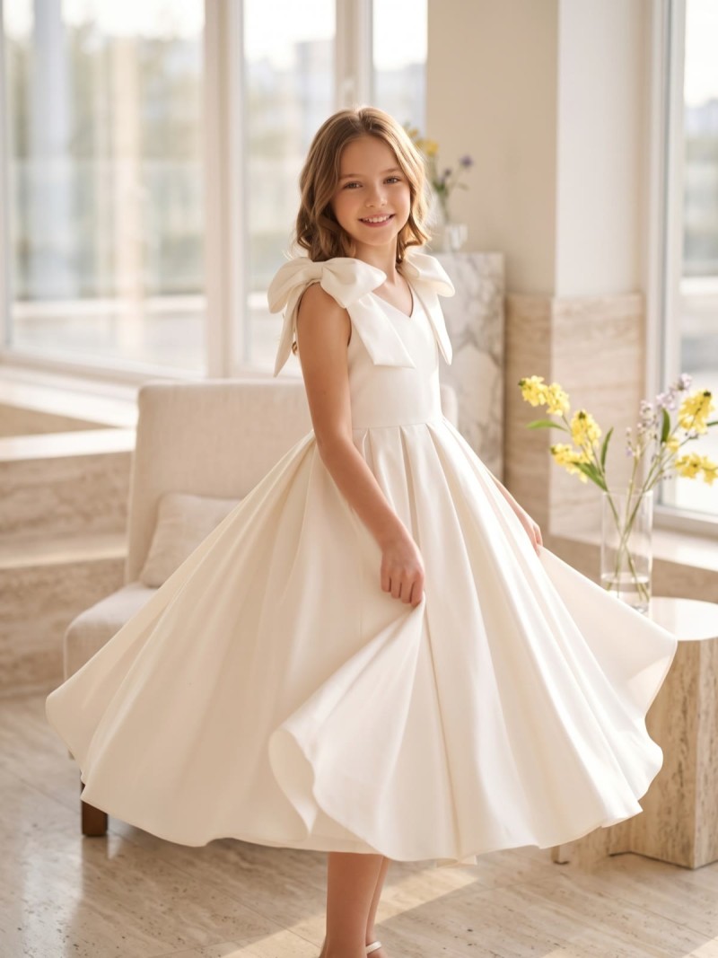 Satin Bow Sleeveless  Dresses - White V-neck - 160cm - image 4