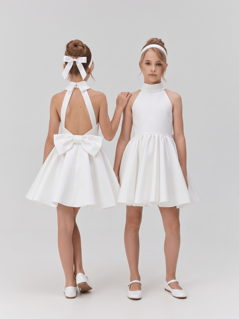 Satin Bow Sleeveless Short Dresses - White - 160cm - image 1