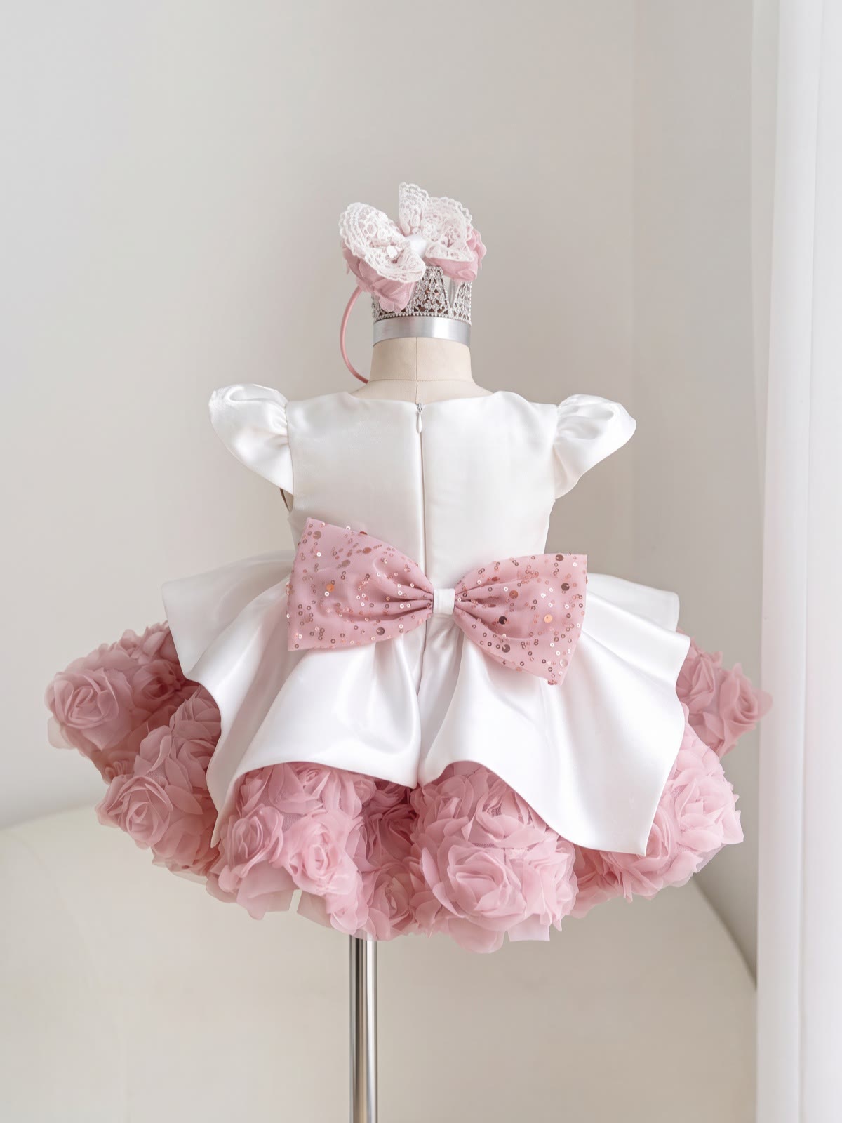 Satin Bow Short Sleeve Short Dresses Without Headband - image 3