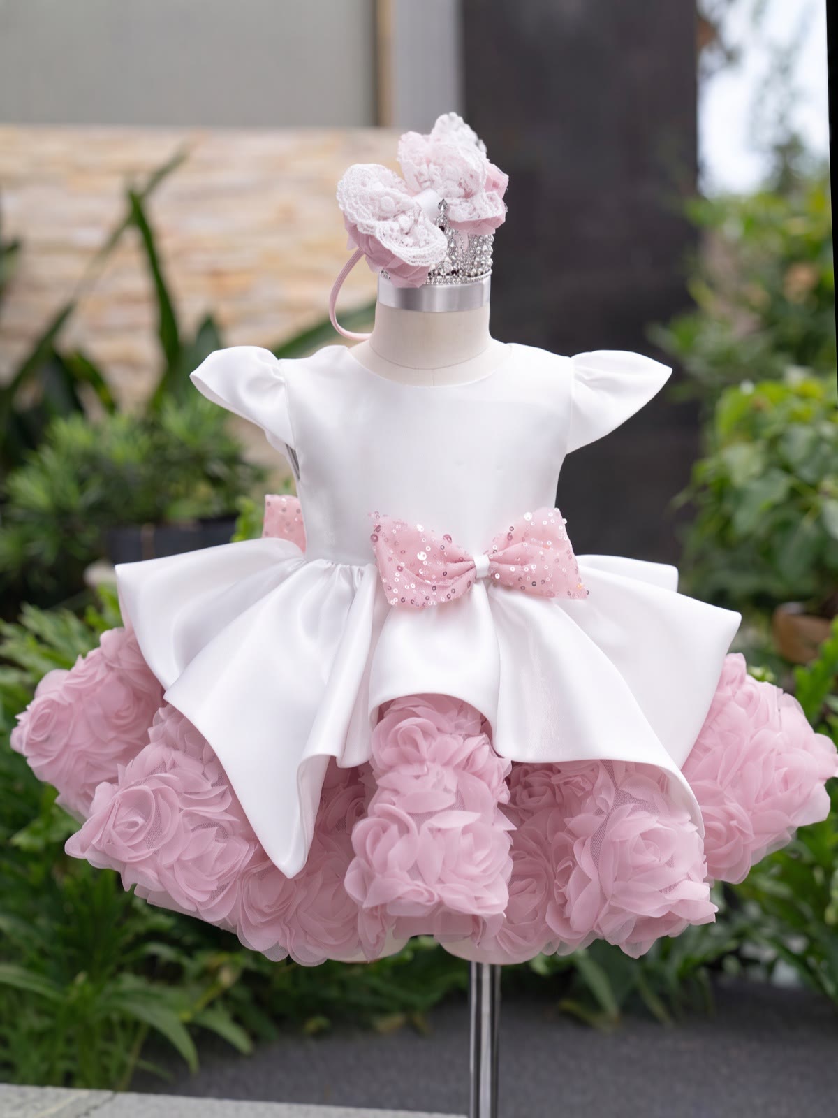 Satin Bow Short Sleeve Short Dresses Without Headband - Pink - 140cm - image 1