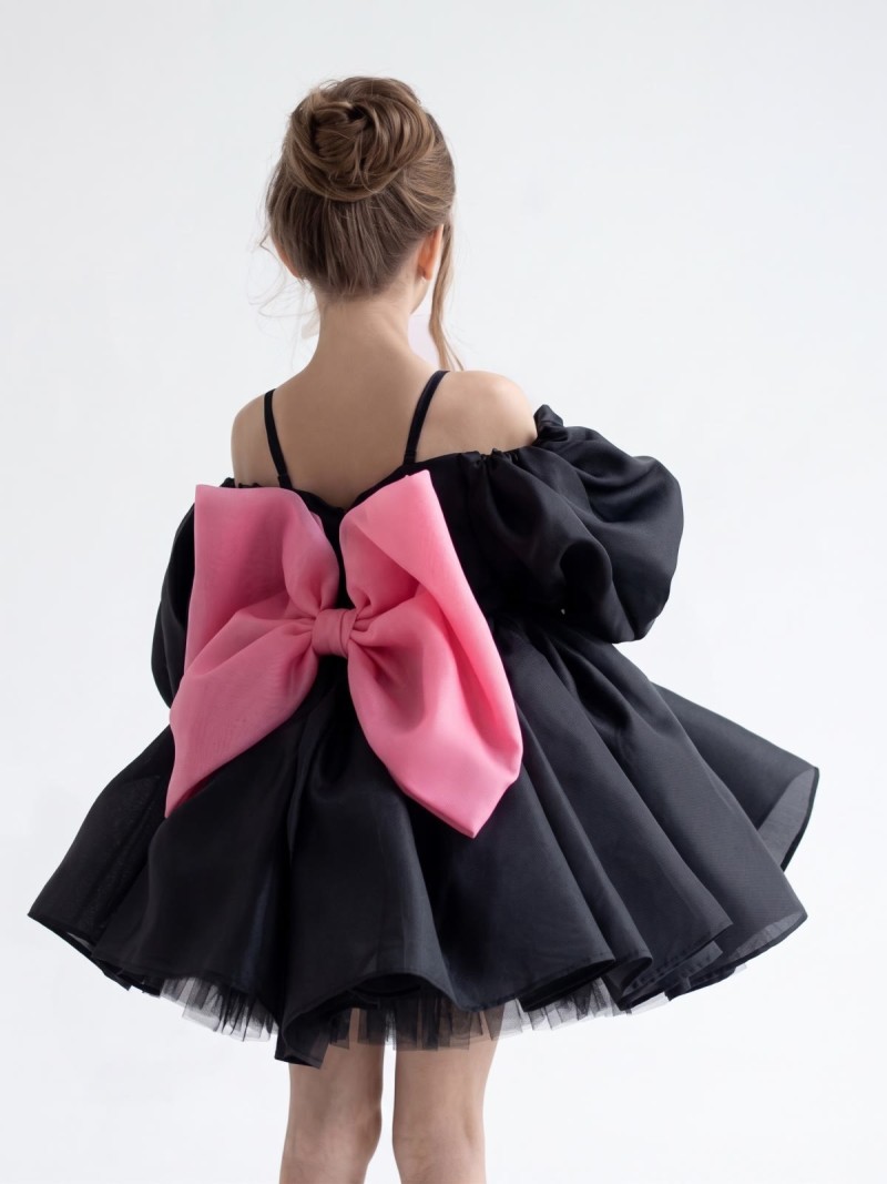 Organza Bow Short Sleeve Short Dresses - Black - 8Y - image 1