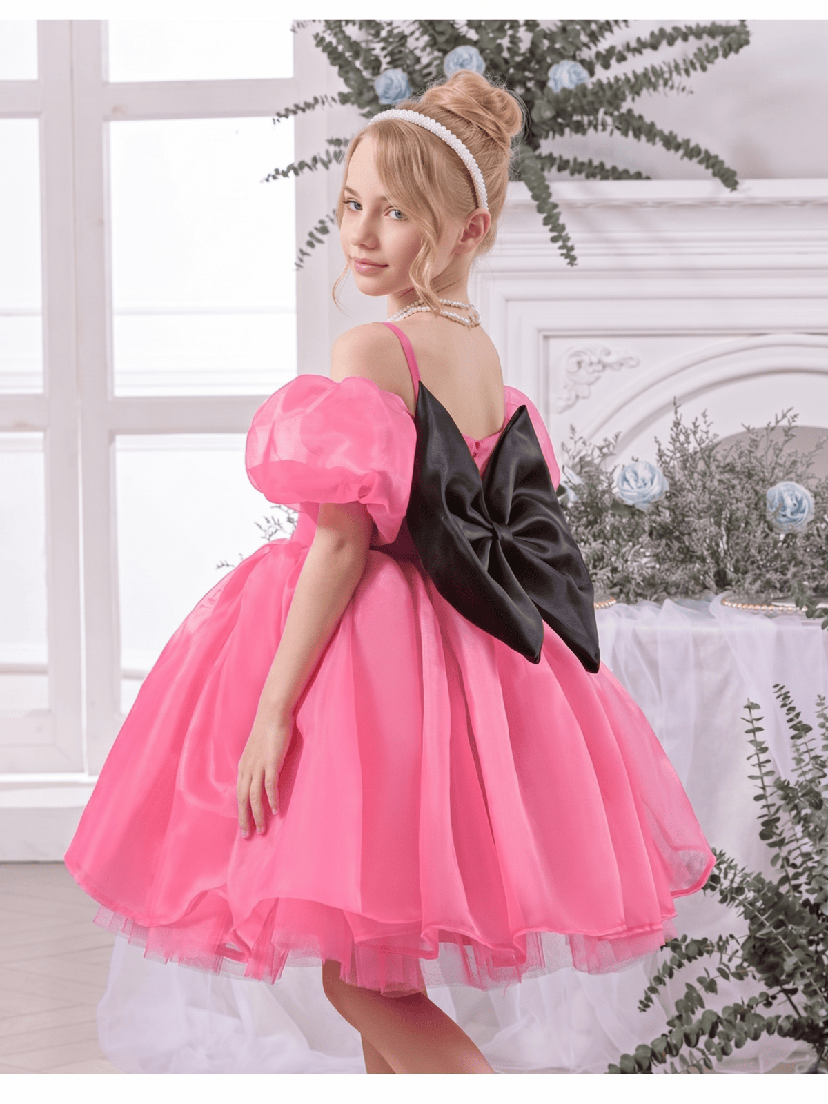 Organza Bow Short Sleeve Short Dresses - Rose - 8Y - image 14