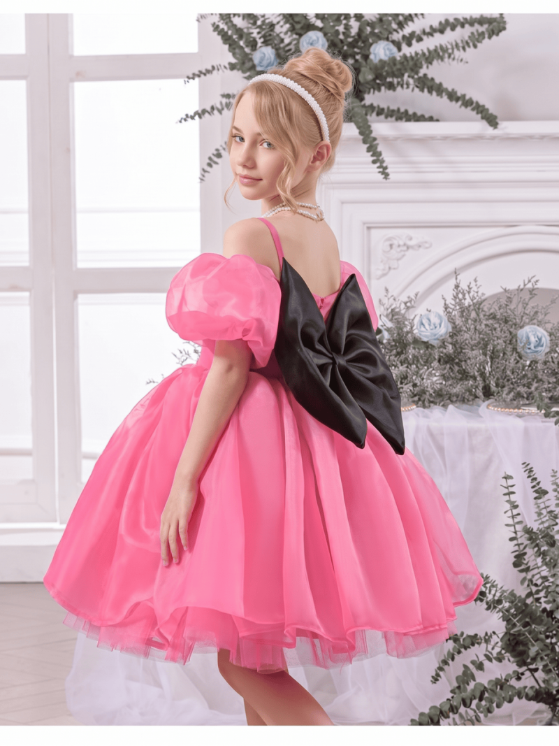 Organza Bow Short Sleeve Short Dresses - Rose - 8Y - image 14