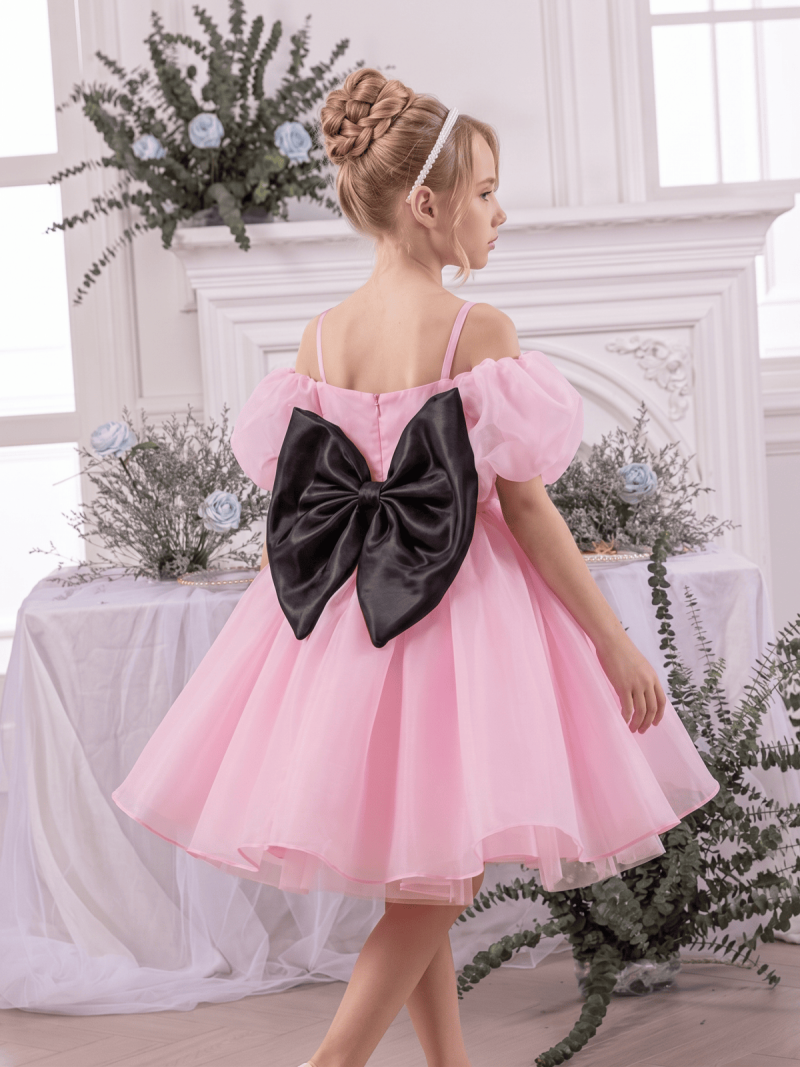 Organza Bow Short Sleeve Short Dresses - Pink - 8Y - image 5