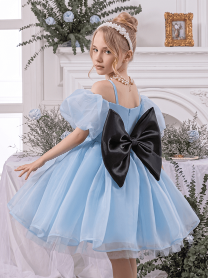 Organza Bow Short Sleeve Short Dresses - Light Blue - 8Y - image 10