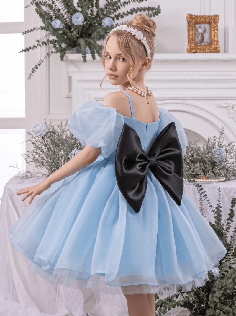 Organza Bow Short Sleeve Short Dresses - Light Blue - 8Y - image 10