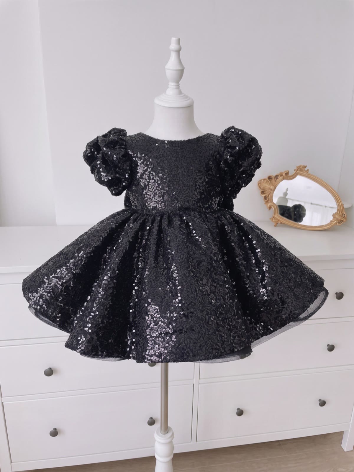 Glitter Bow Short Sleeve Short Dresses - Black - 150cm - image 1