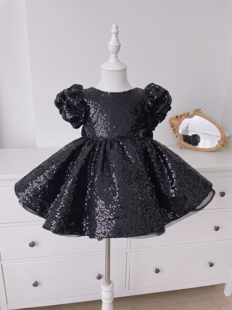 Glitter Bow Short Sleeve Short Dresses - Black - 150cm - image 1