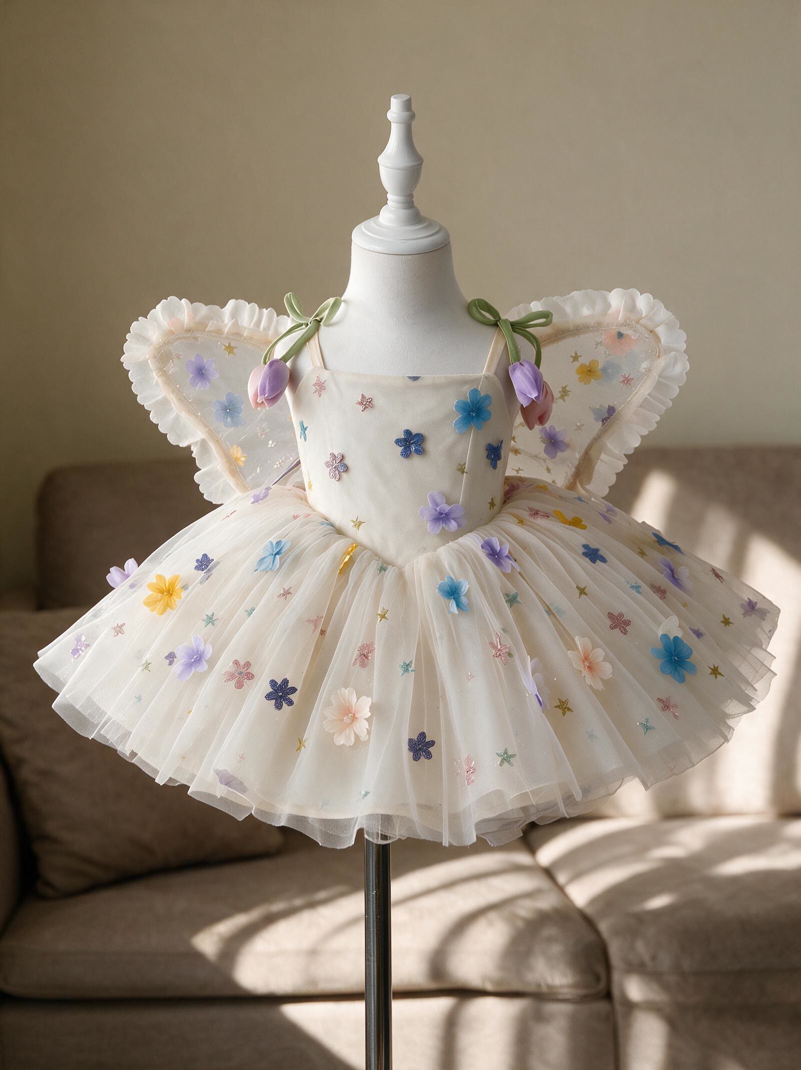 Mesh Rosette Sleeveless Short Dresses With Wing - Beige - 2-3Y - image 1
