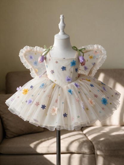 Mesh Rosette Sleeveless Short Dresses With Wing - Beige - 2-3Y - image 1
