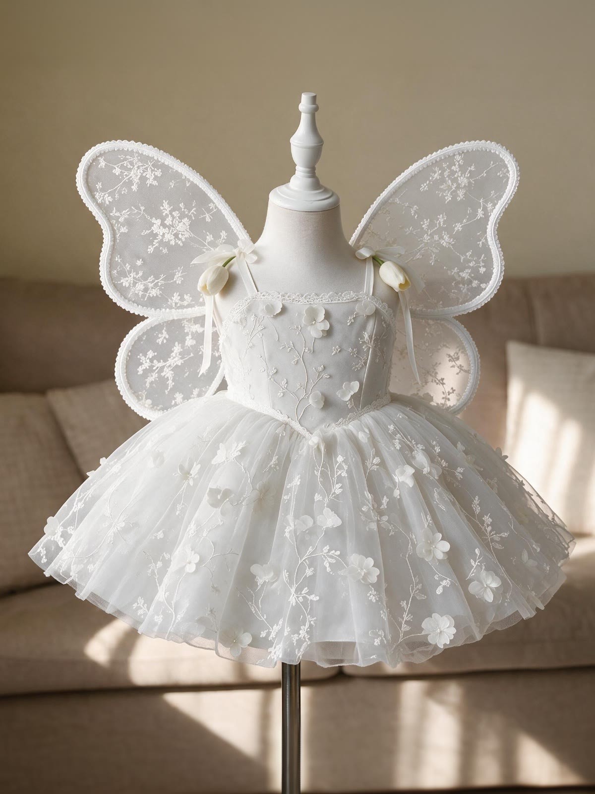 Mesh Rosette Sleeveless Short Dresses With Wing - White - 2-3Y - image 1