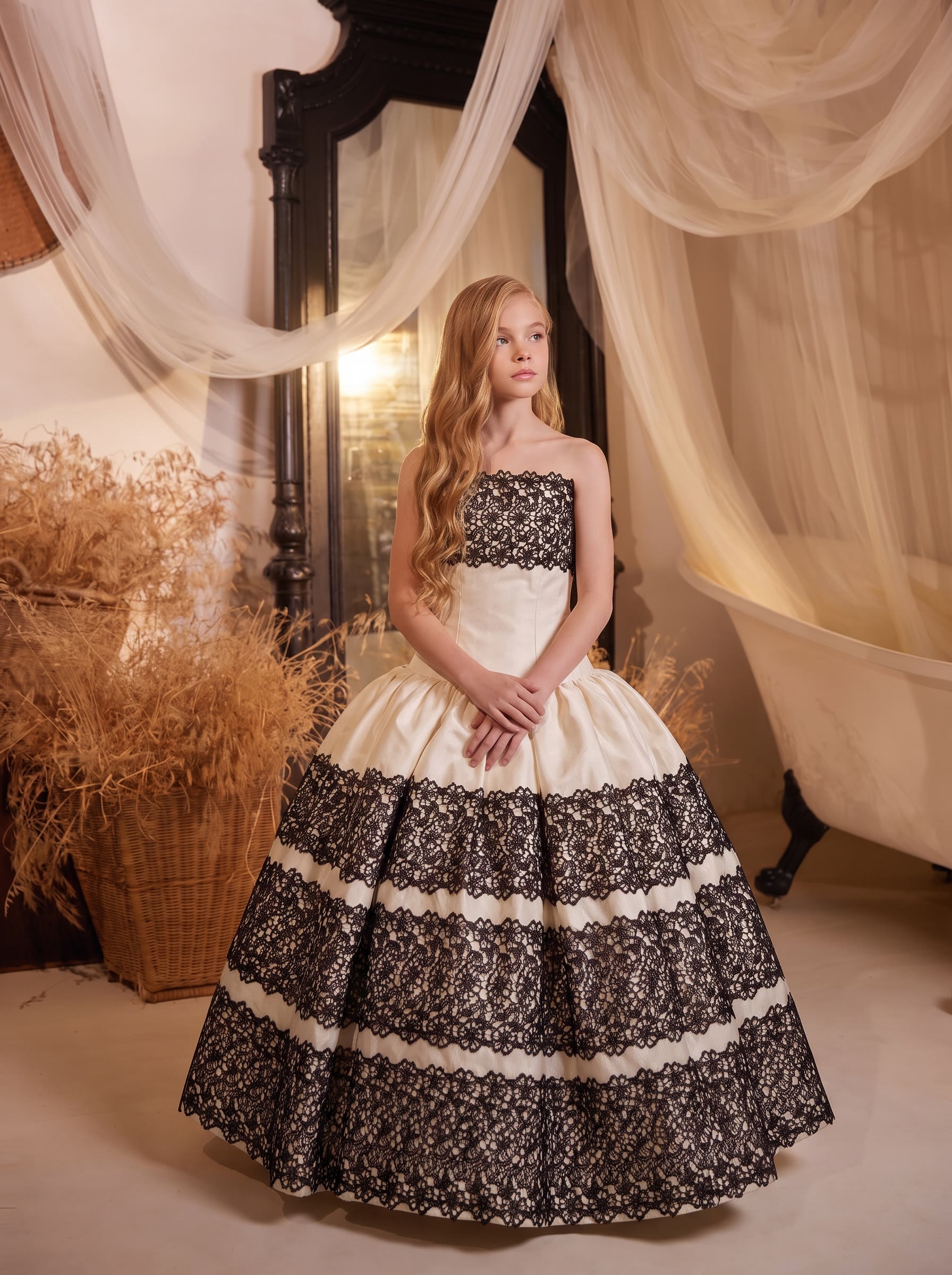 Satin Lace Edge Sleeveless Maxi Dresses - Beige & Black - 13-14Y - image 1