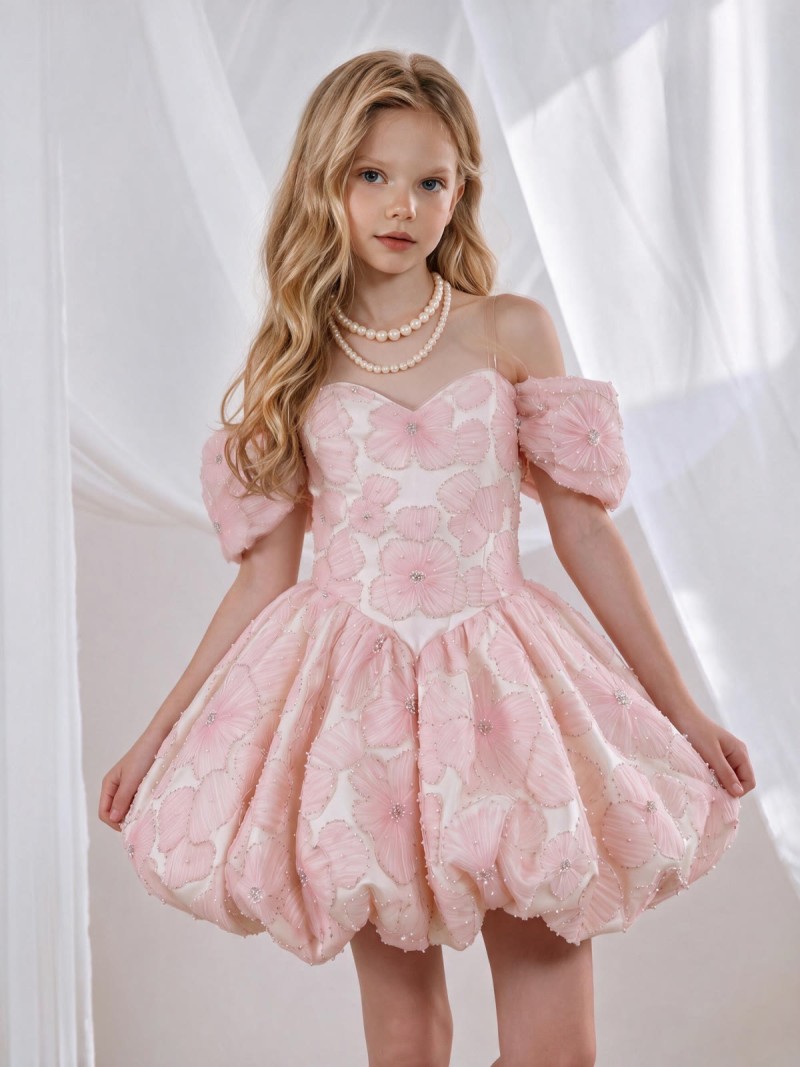 Embroidery Mesh Zipper Short Sleeve Short Dresses - Pink - 11-12Y - image 1