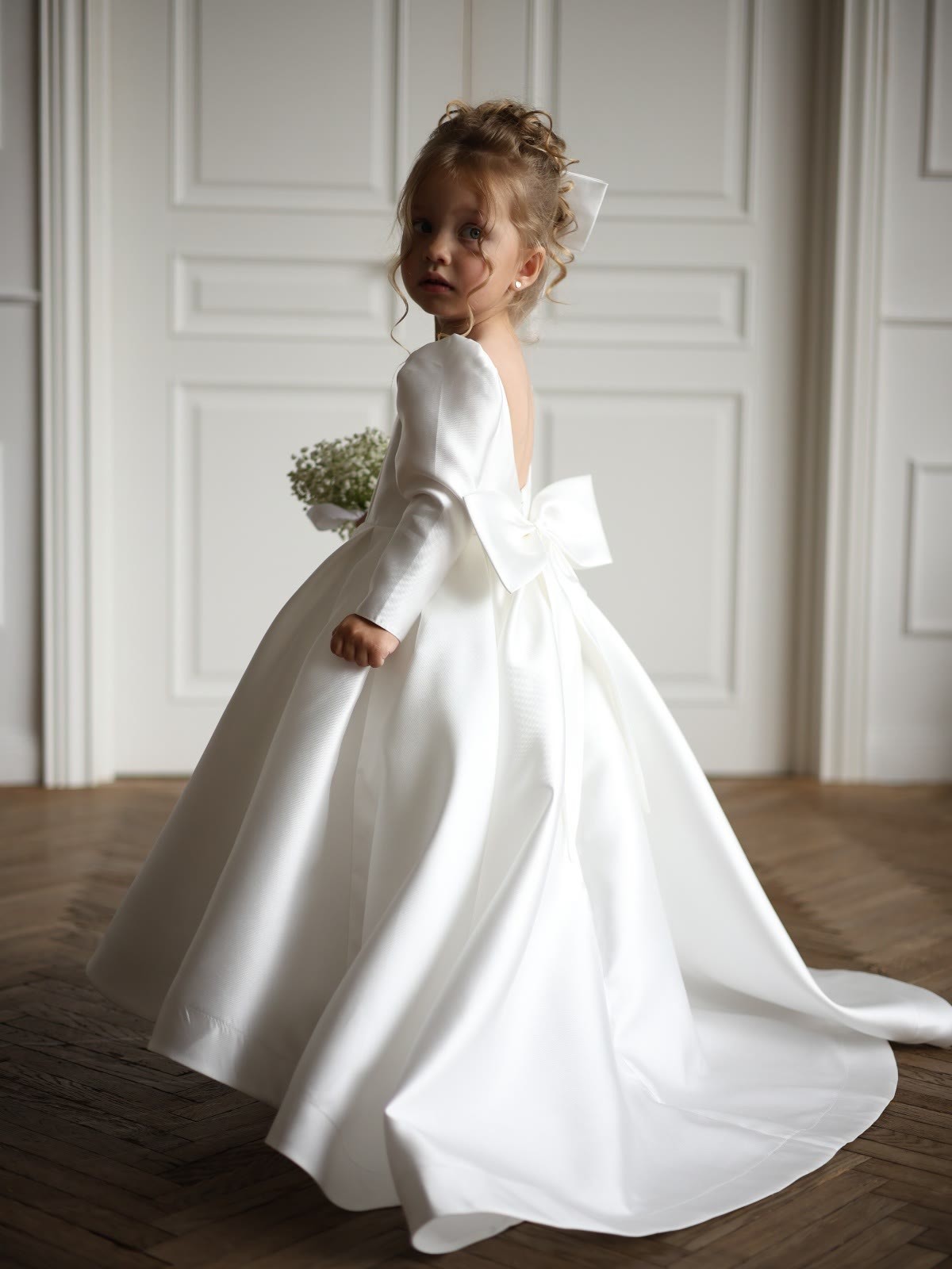 Satin Bow Long Sleeve Maxi Dresses - White - 13-14Y - image 1