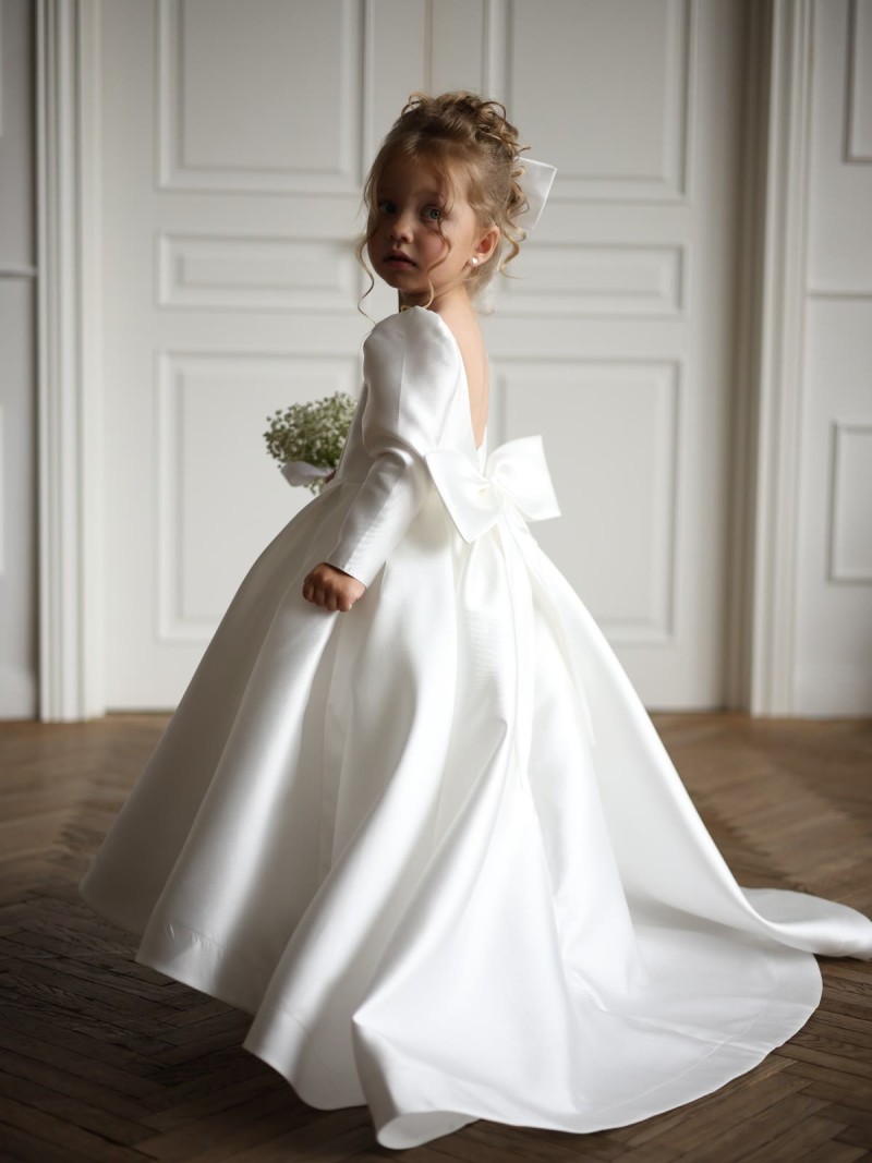 Satin Bow Long Sleeve Maxi Dresses - White - 13-14Y - image 1