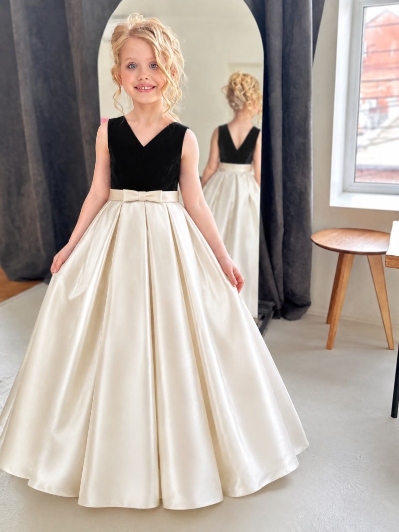 Satin Bow Sleeveless Maxi Dresses - Black & Off-White - 16Y - image 1