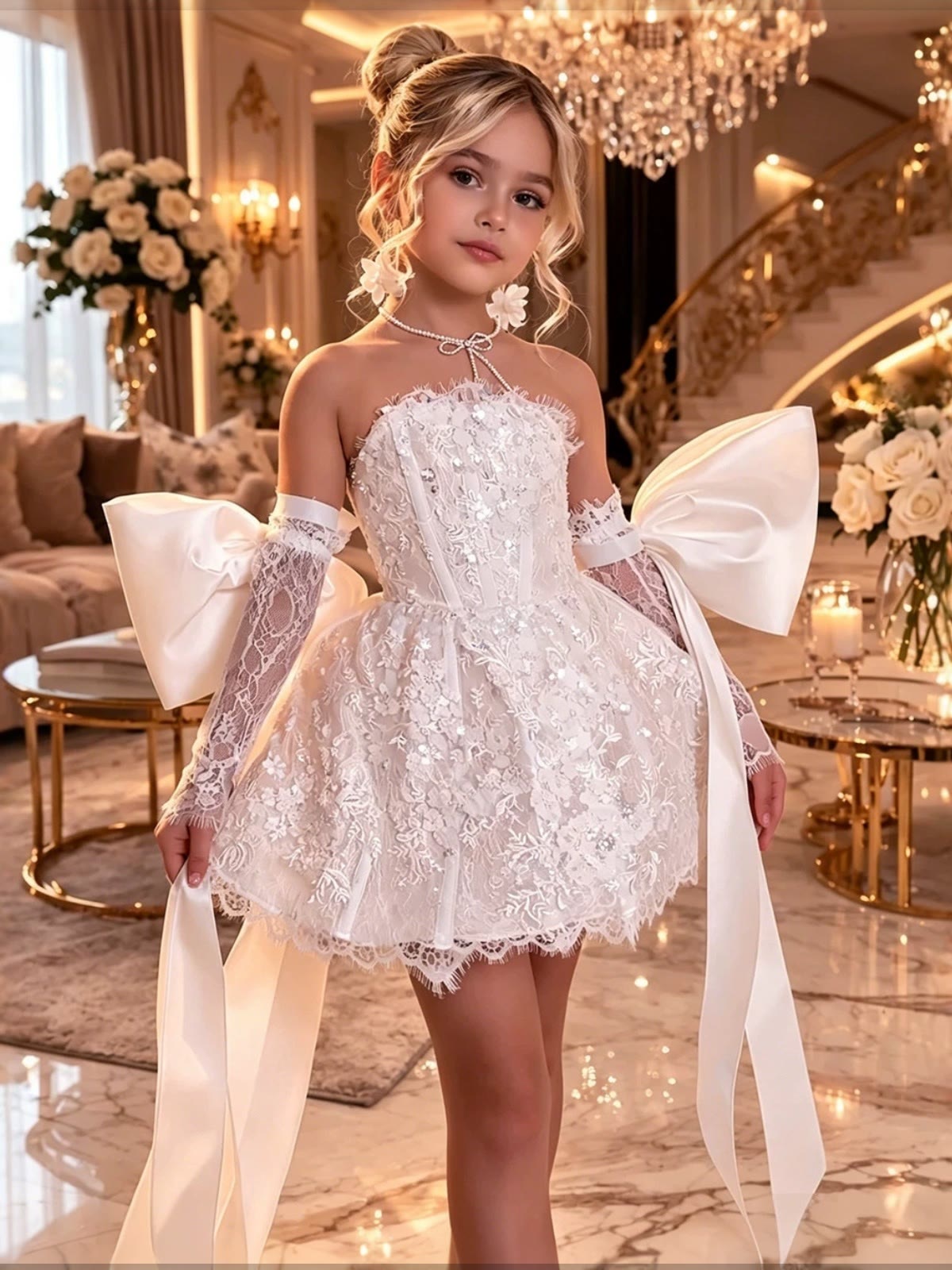 Lace Bow Sleeveless Short Dresses - White - 11-12Y - image 1