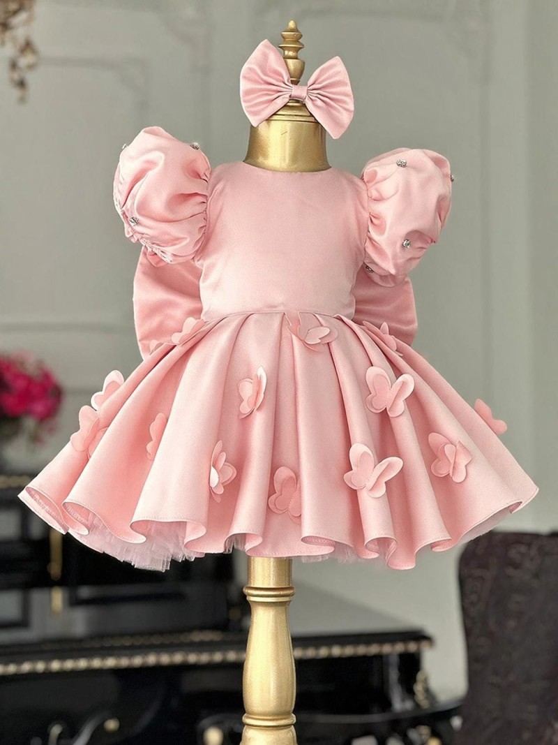 Satin Butterfly Short Sleeve Midi Dresses With Headband - Pink - 15-16Y - image 1