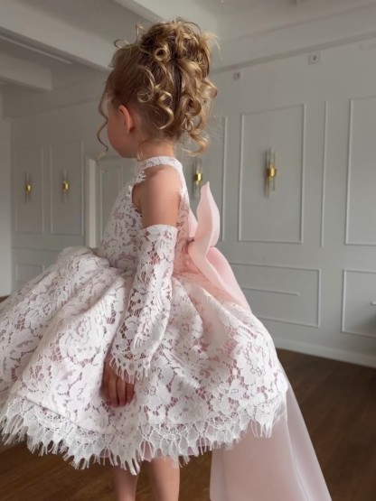 Lace Bow Sleeveless Short Dresses With Gloves - image 4