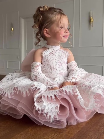 Lace Bow Sleeveless Short Dresses With Gloves - image 3