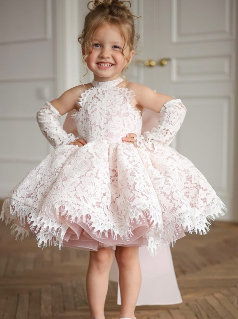 Lace Bow Sleeveless Short Dresses With Gloves - White - 13-14Y - image 1