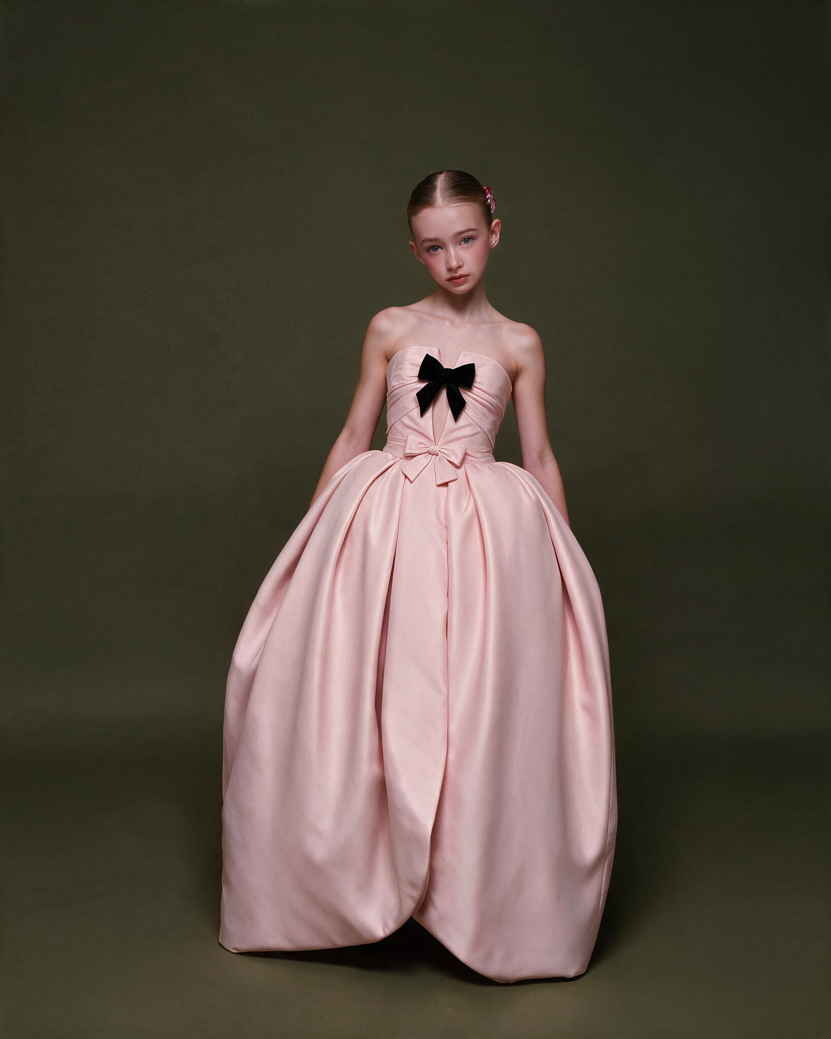 Satin Bow Sleeveless Maxi Dresses - Pink-Detachable Clear Straps - 13-14Y - image 1