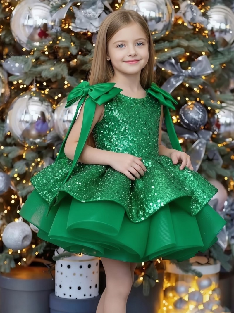 Glitter Bow Sleeveless Midi Dresses - Green - 12-13Y - image 6