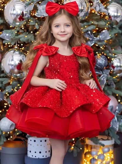 Glitter Bow Sleeveless Midi Dresses - Red - 12-13Y - image 5