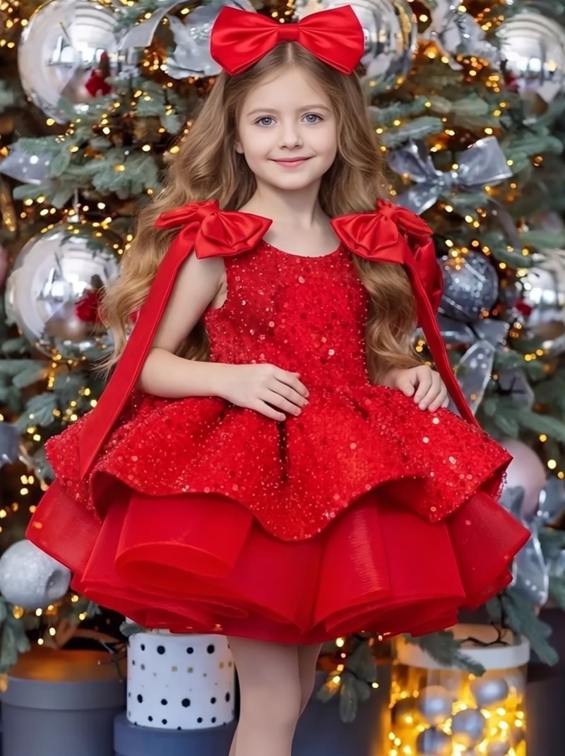 Glitter Bow Sleeveless Midi Dresses - Red - 12-13Y - image 5