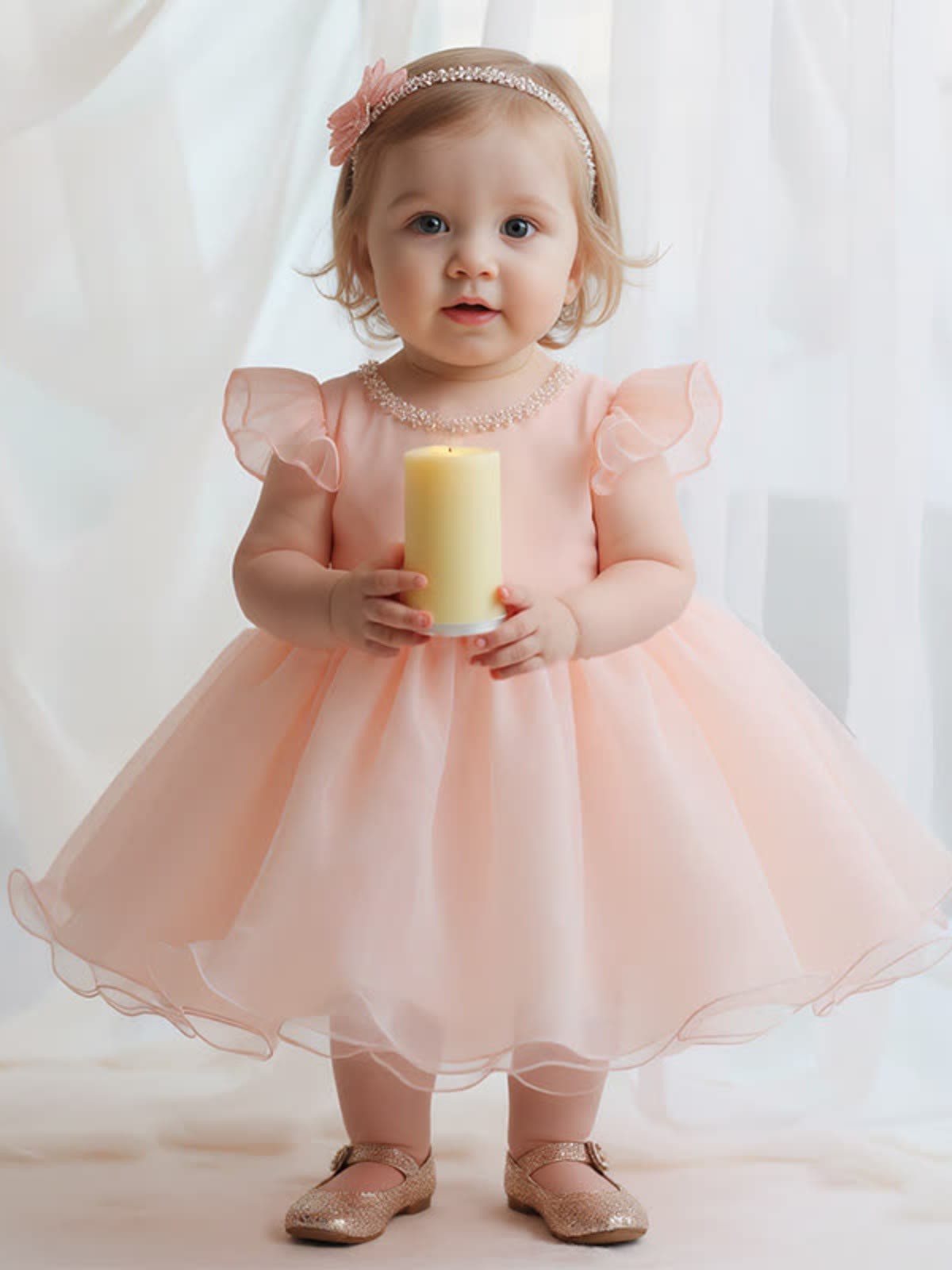 Organza Imitation Pearls Bow Cap Sleeve Midi Dresses - image 3