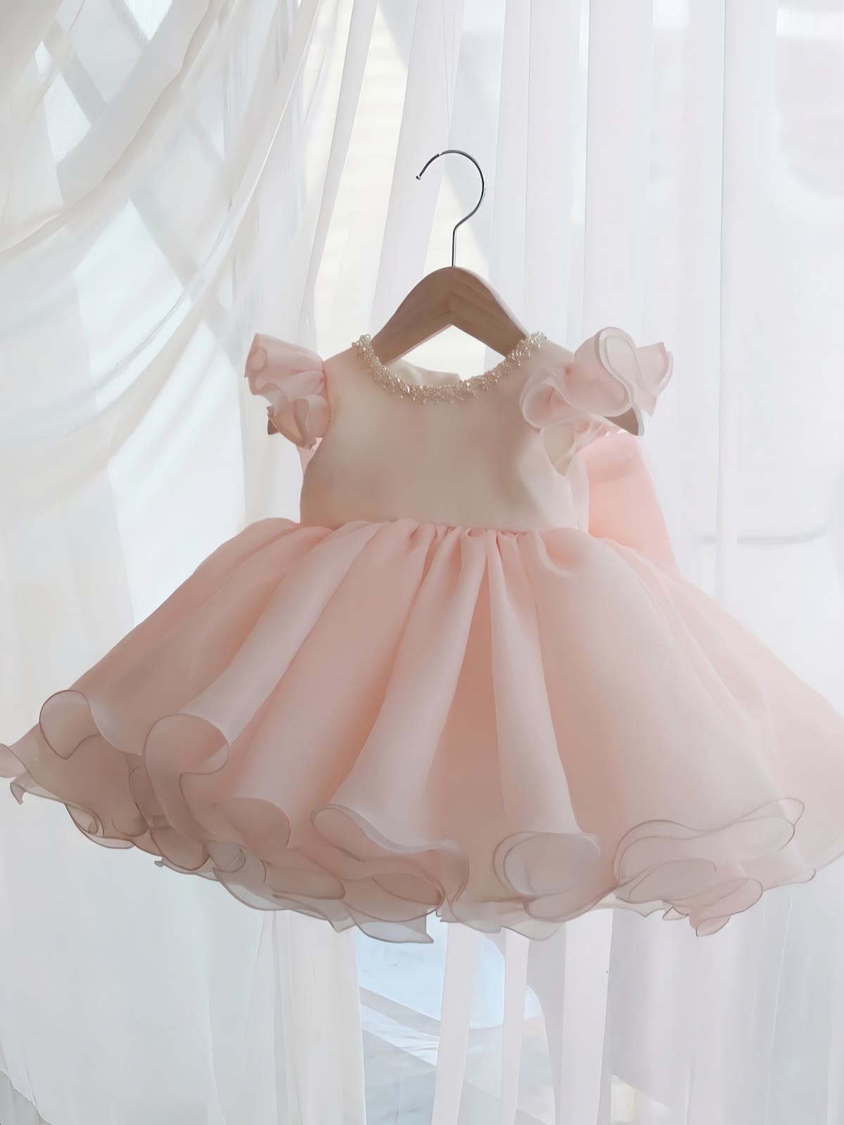Organza Imitation Pearls Bow Cap Sleeve Midi Dresses - Pink - 9-10Y - image 1