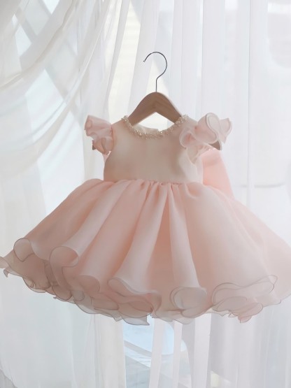 Organza Imitation Pearls Bow Cap Sleeve Midi Dresses - Pink - 9-10Y - image 1