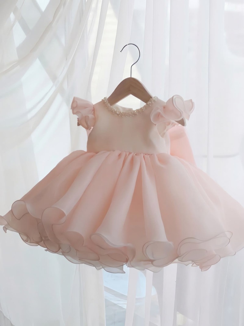 Organza Imitation Pearls Bow Cap Sleeve Midi Dresses - Pink - 9-10Y - image 1