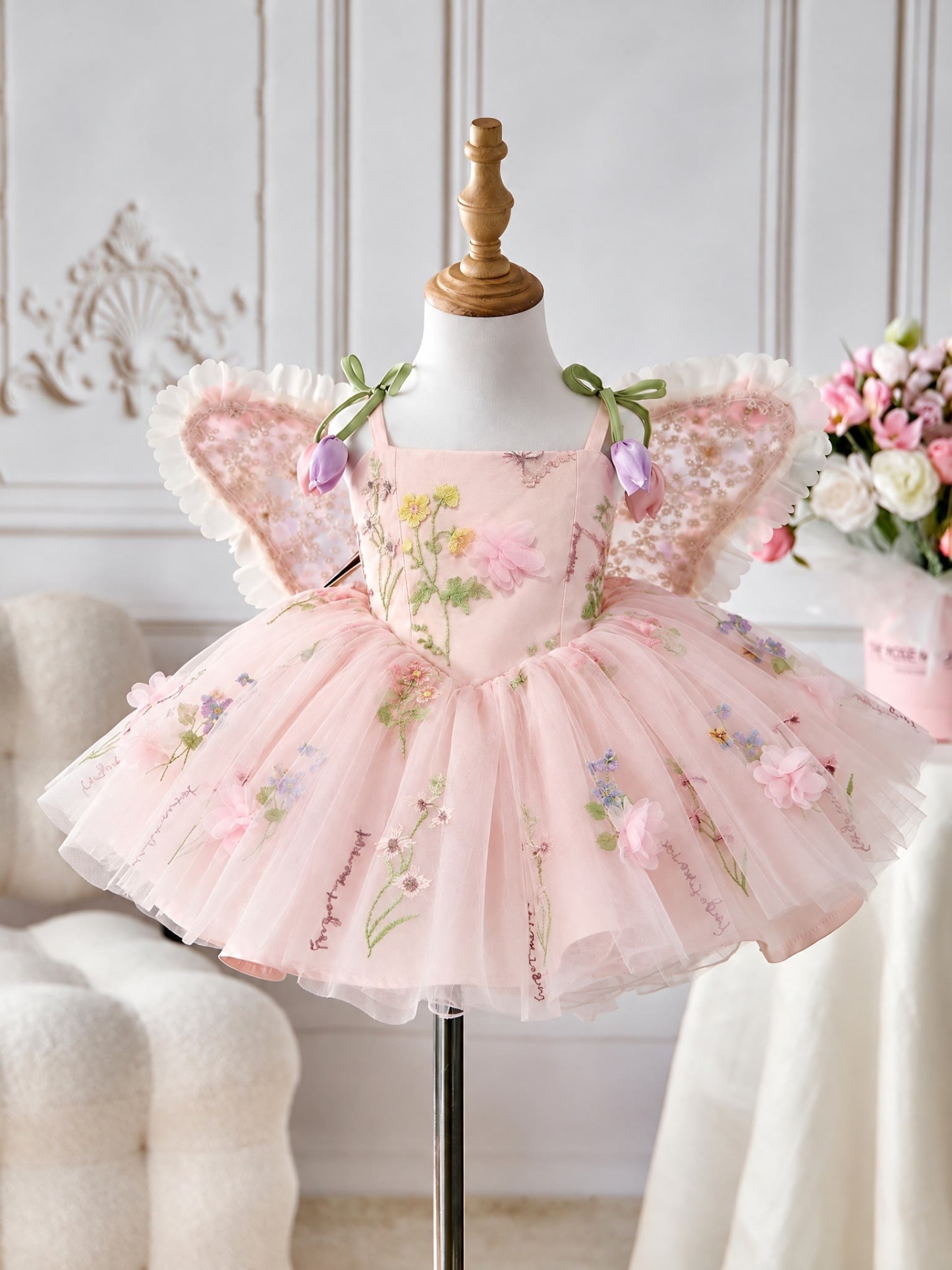 Mesh Rosette Sleeveless Midi Dresses With Hat And Wing - Pink - 2-3Y - image 20