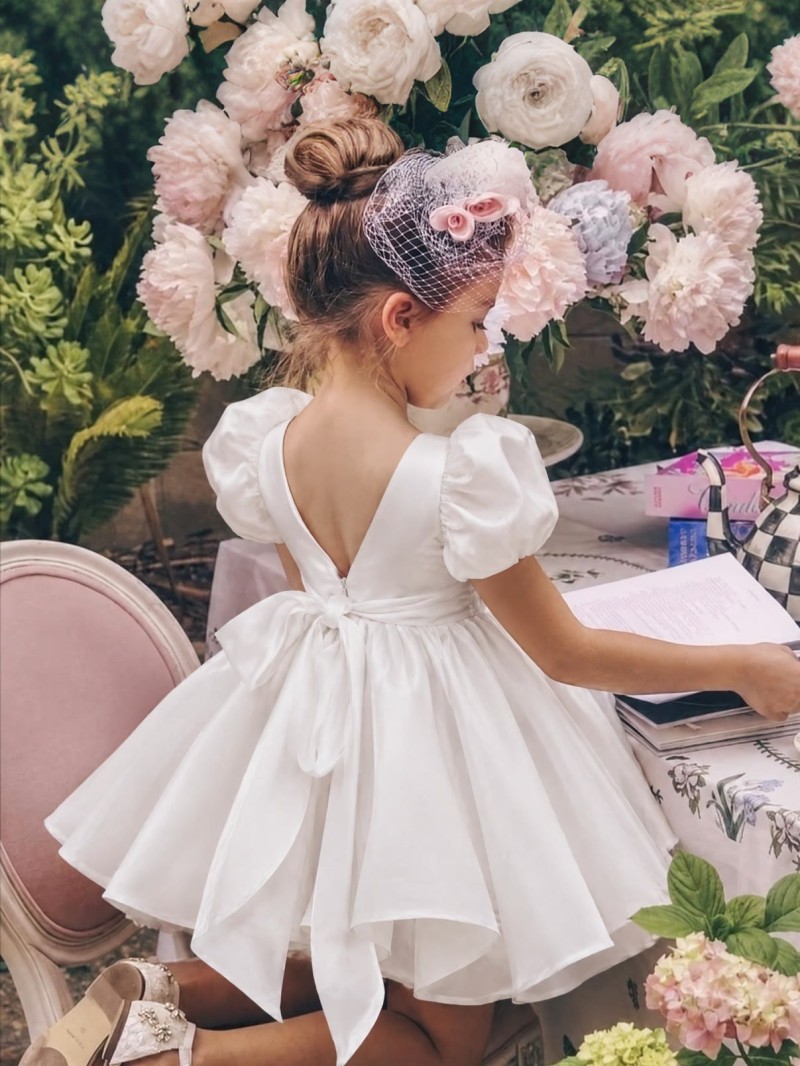 Satin Backless Short Sleeve Mid-long Dresses - White - 15-16Y - image 1