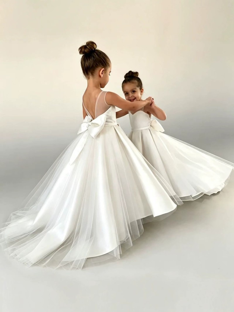 Satin Bow Sleeveless Maxi Dresses - White - 11-12Y - image 1