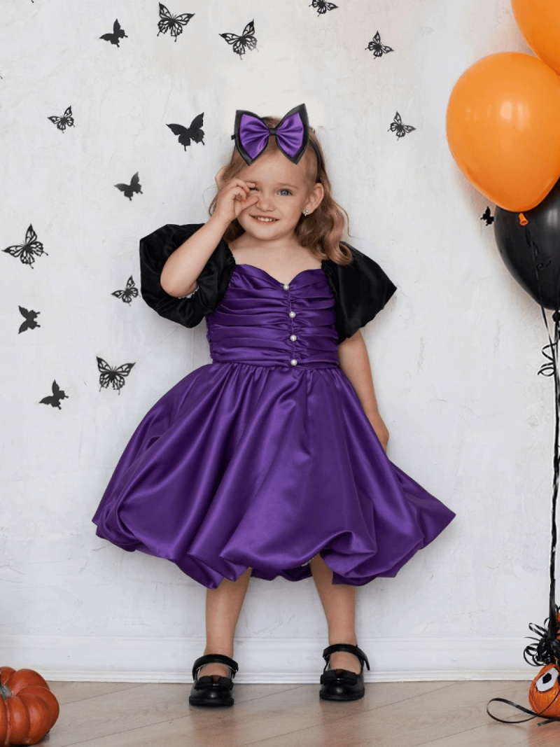 Satin Button Short Sleeve Short Dresses - Purple - 150cm - image 1