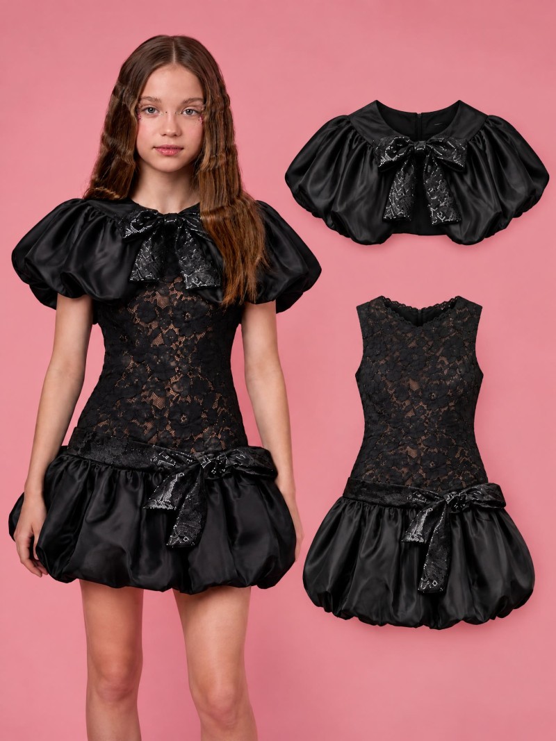 Lace Split Joint Cap Sleeve Short Two-piece Set - Black - 13-14Y - image 1