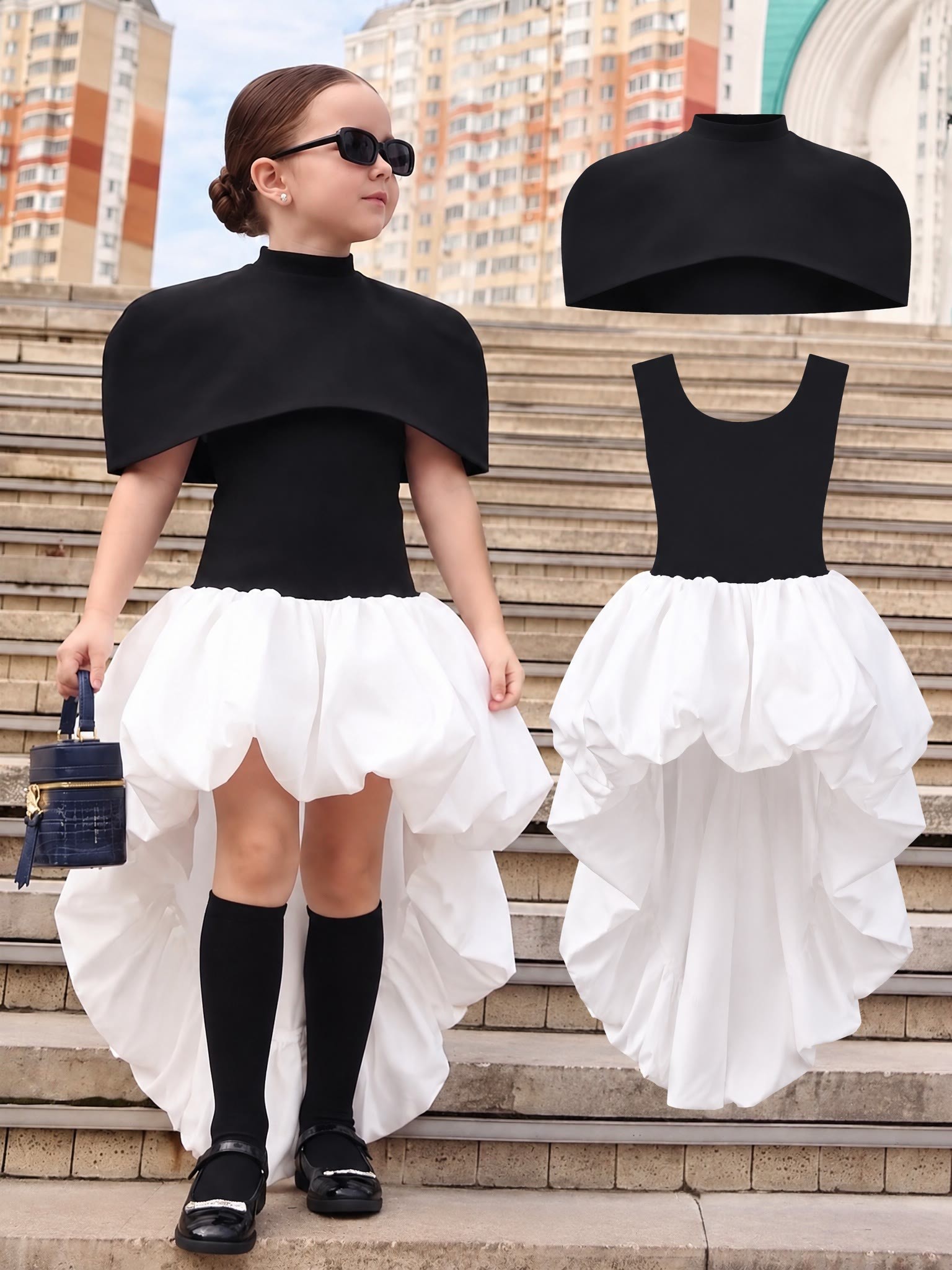 Chemical Fiber Blend Fluffy Cap Sleeve Short Two-piece Set - Black - 13-14Y - image 1