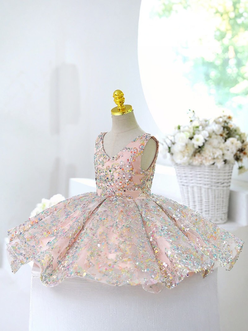 Glitter Sequins Sleeveless Midi Dresses - Pink - 11-12Y - image 1
