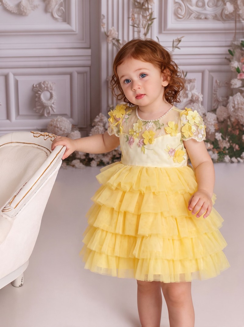 Mesh Floral-embroidered Short Sleeve Midi Dresses - Yellow - 15-16Y - image 1