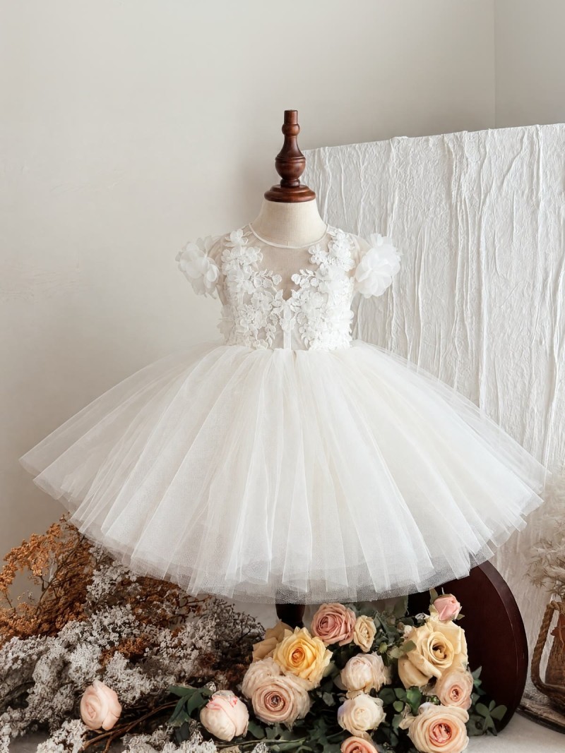 Mesh Rosette Short Sleeve Midi Dresses - White - 11-12Y - image 1