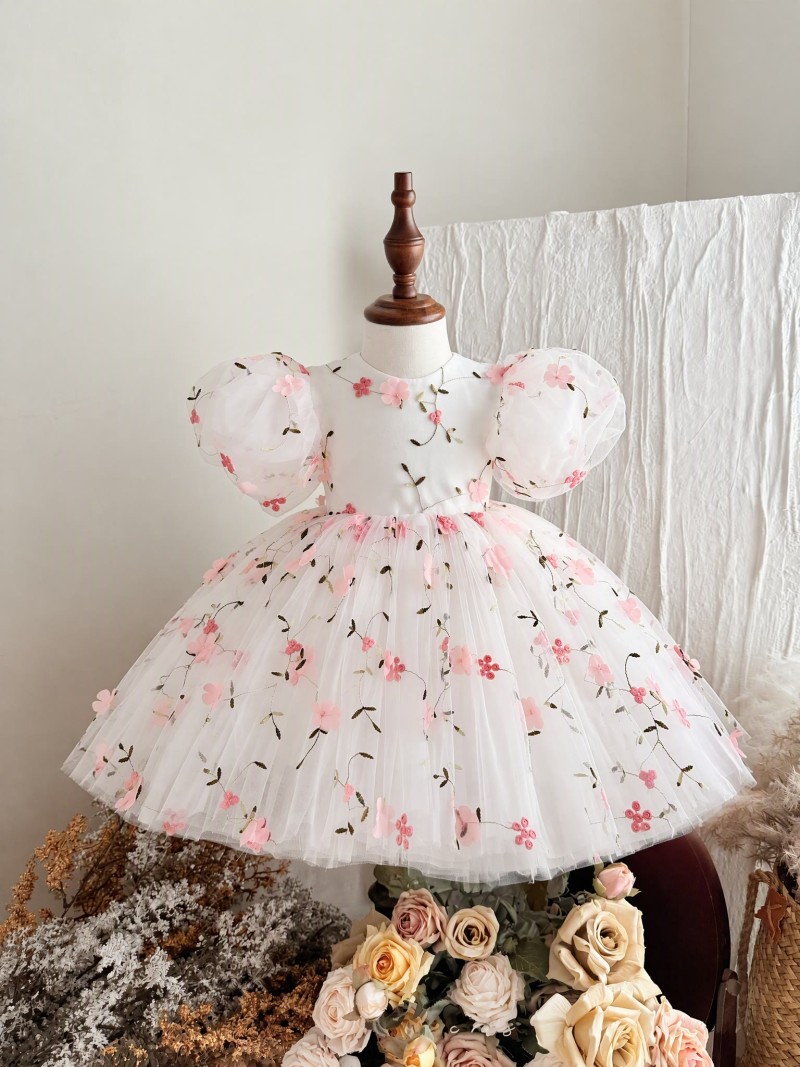 Mesh Floral-embroidered Short Sleeve Midi Dresses - Off-white - 15-16Y - image 1