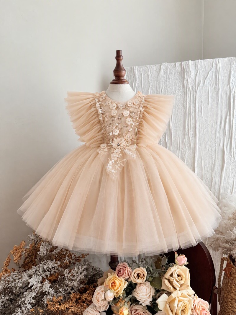 Mesh Bow Cap Sleeve Midi Dresses - Beige - 15-16Y - image 1