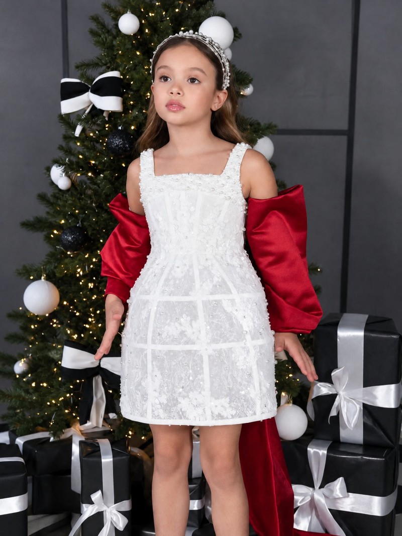 Lace Imitation Pearls Sleeveless Midi Dresses - White Skirt + Red Train - 12Y - image 5